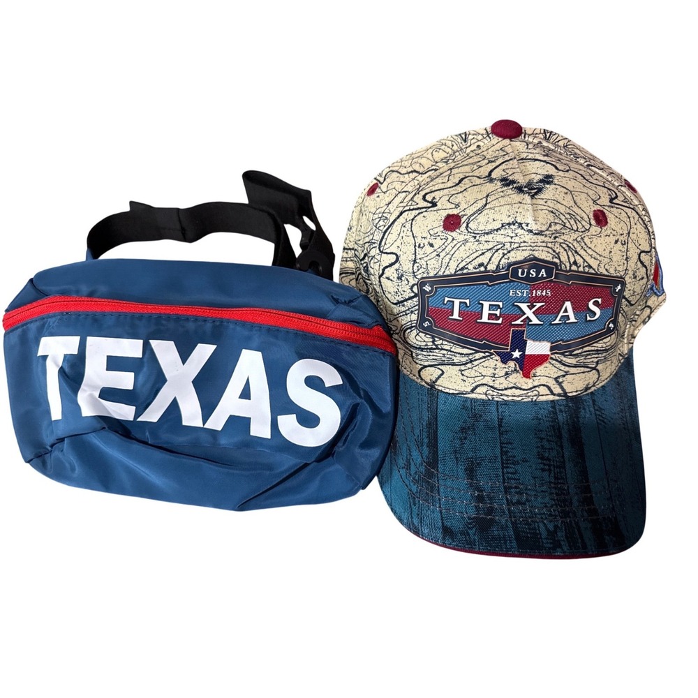 Texas Souvenir Set: Blue Fanny Pack & Beige Map Print Baseball Cap Unisex NWT
